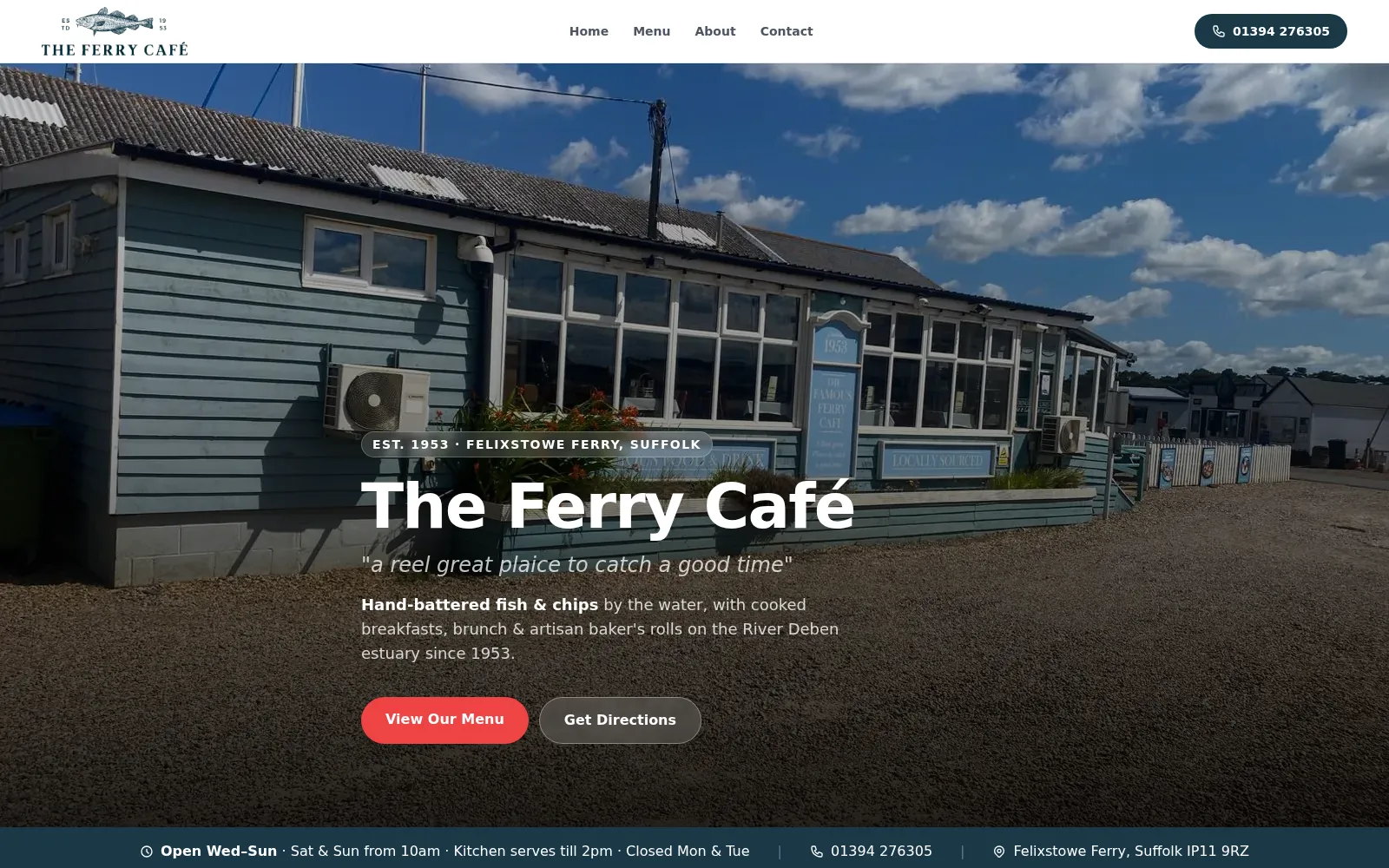 The Ferry Café homepage, showing the blue timber café building under a bright sky with the headline "The Ferry Café".