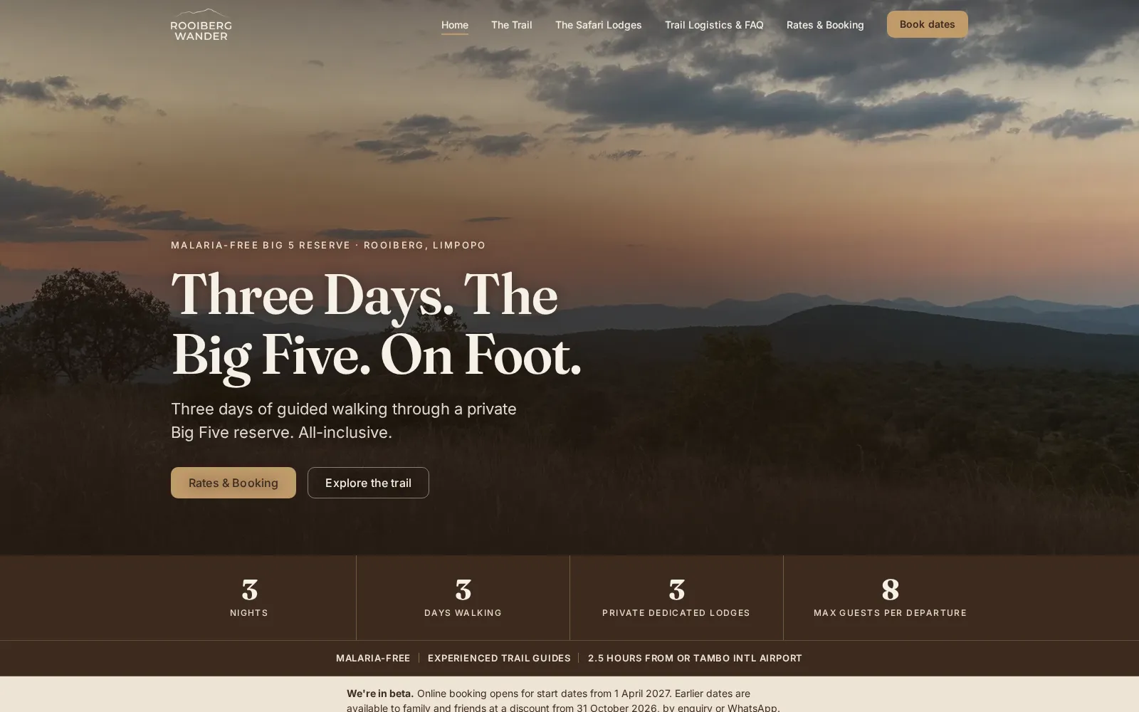 The Rooiberg Wander homepage, showing a sunset over the Waterberg with the headline "Three Days. The Big Five. On Foot."